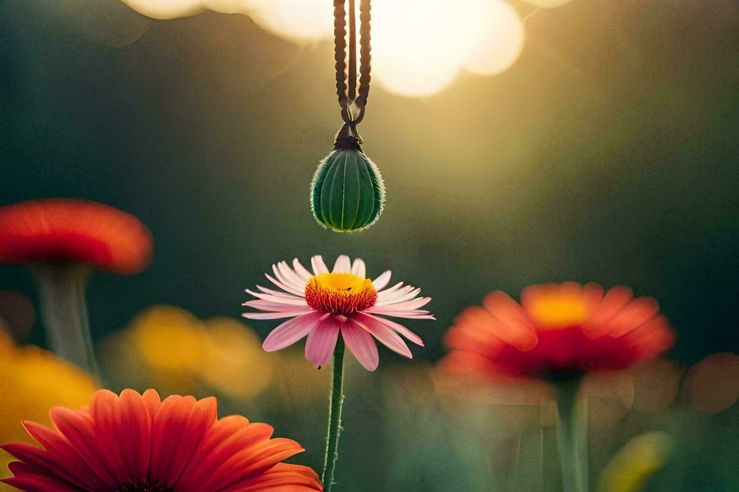 ein Halskette hängend von ein Blume im das Sonne. KI-generiert foto