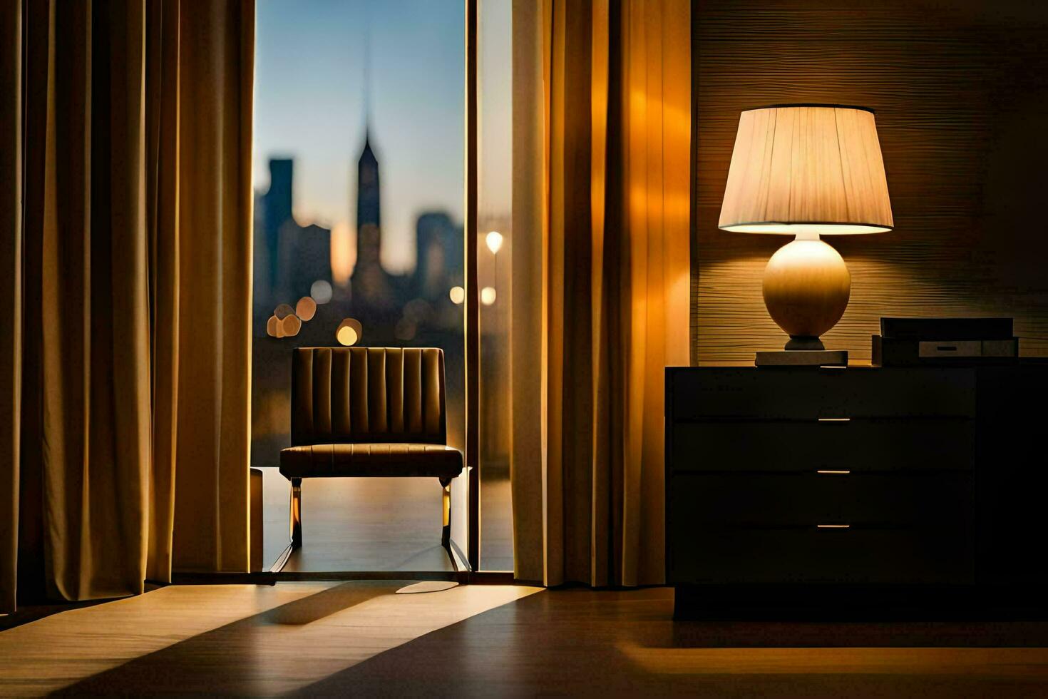 ein Stuhl und Lampe im Vorderseite von ein Fenster mit ein Stadt Sicht. KI-generiert foto