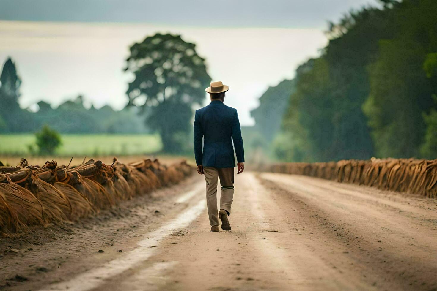 ein Mann im ein passen Spaziergänge Nieder ein Schmutz Straße. KI-generiert foto