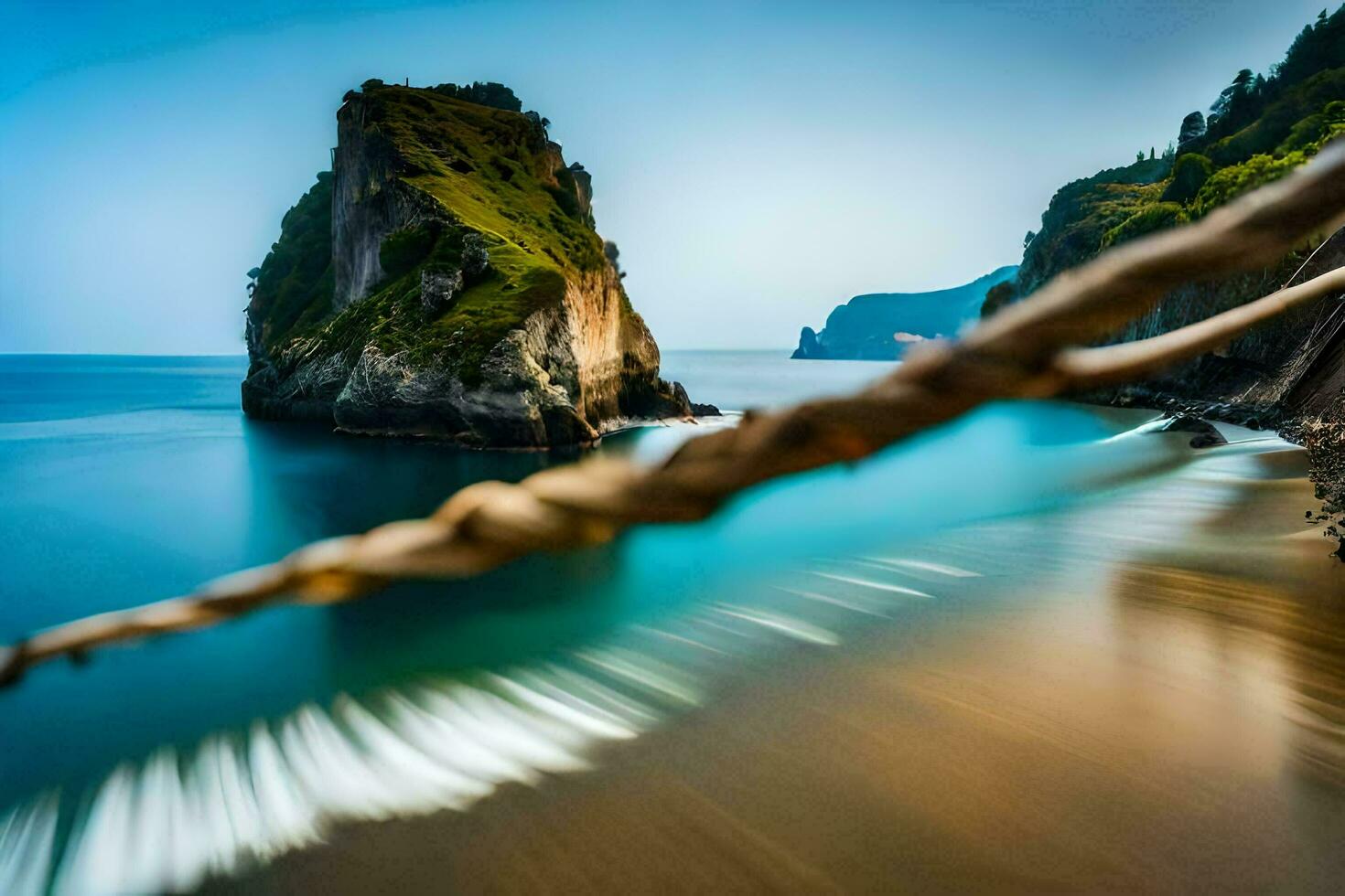 ein Seil ist gebunden zu ein Felsen im das Ozean. KI-generiert foto