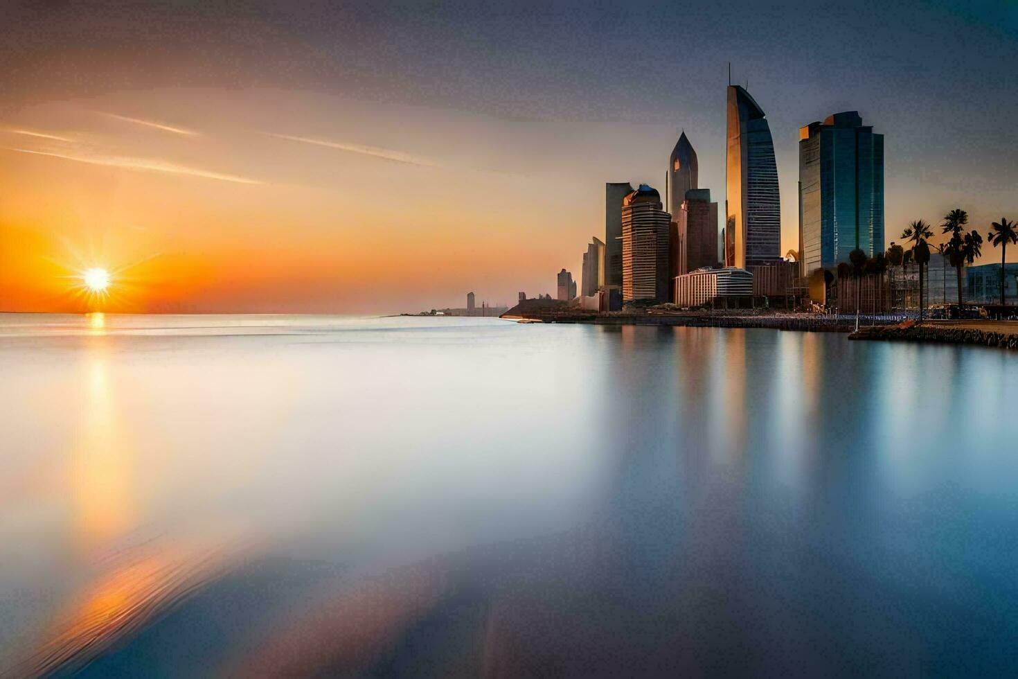 das Sonne setzt Über das Stadt Horizont im abu dhabi. KI-generiert foto