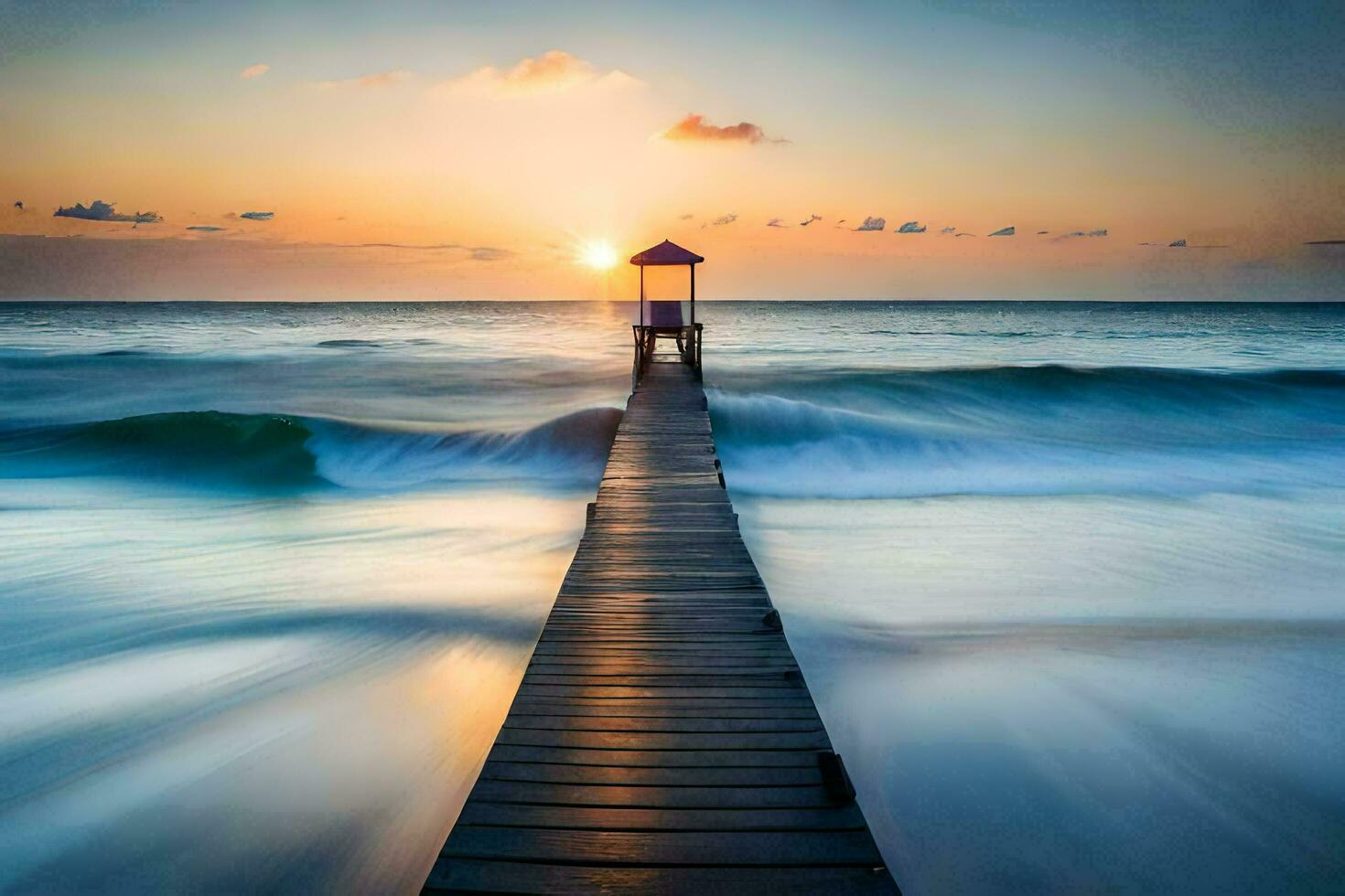 ein Seebrücke mit ein Leuchtturm beim Sonnenuntergang. KI-generiert foto