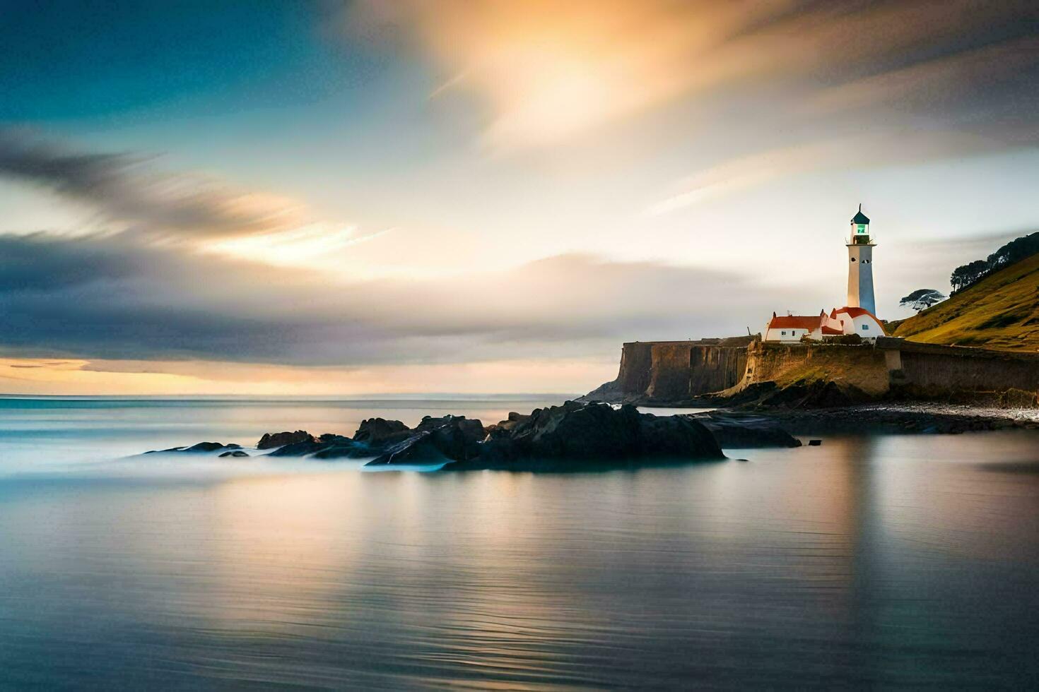 ein Leuchtturm sitzt auf das Ufer von das Ozean. KI-generiert foto