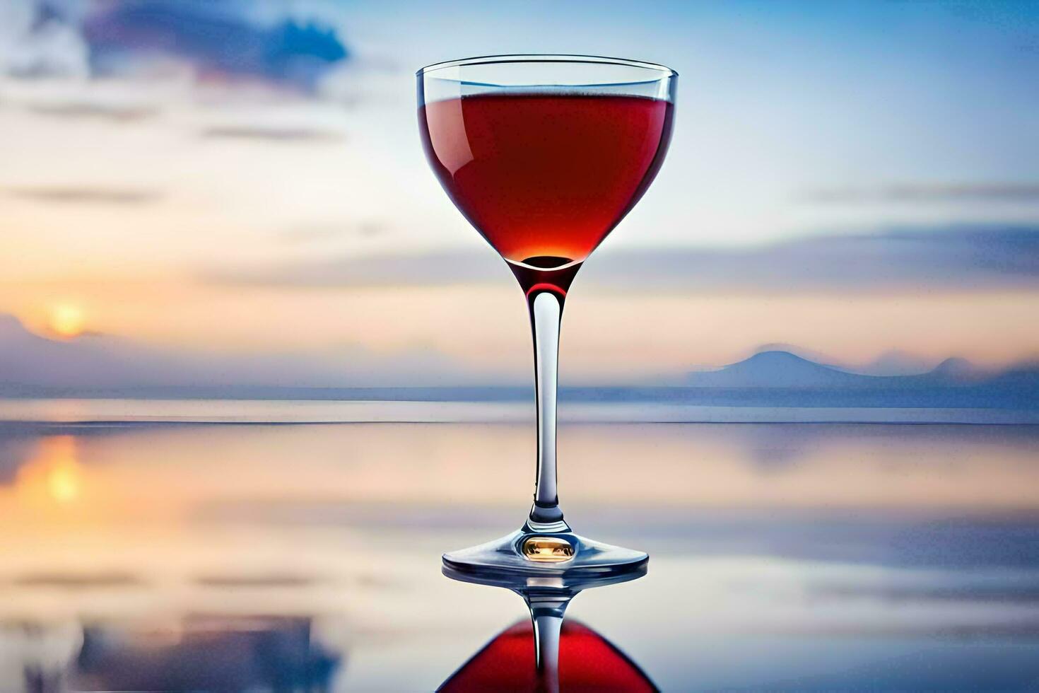 ein Glas von rot Wein auf ein Tabelle im Vorderseite von ein Sonnenuntergang. KI-generiert foto