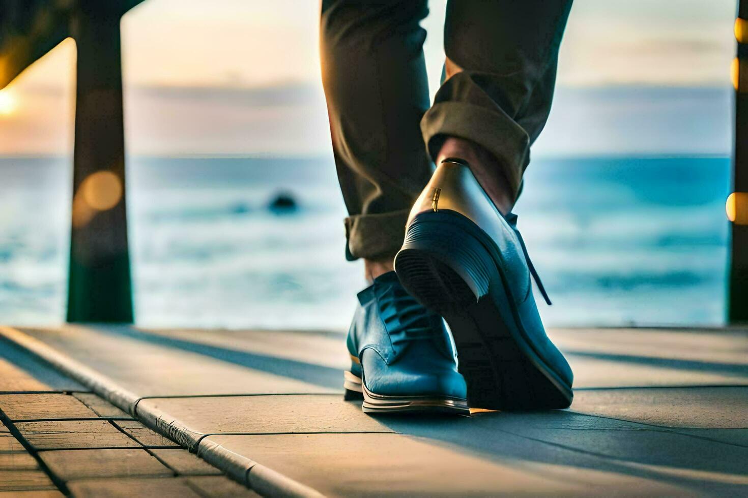 ein Mann tragen Blau Schuhe Gehen auf ein Seebrücke. KI-generiert foto