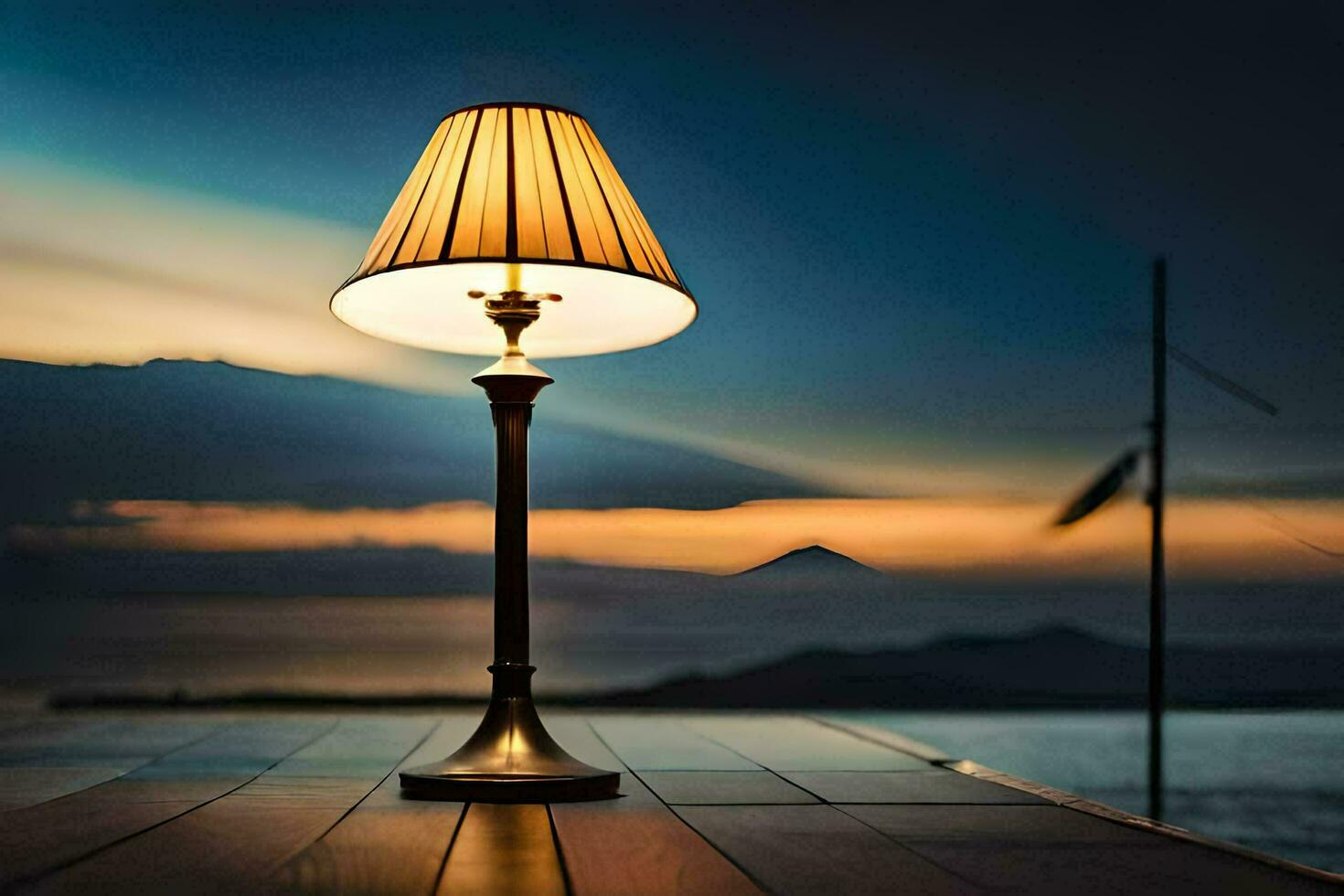 ein Lampe auf ein Tabelle im Vorderseite von ein Sonnenuntergang. KI-generiert foto