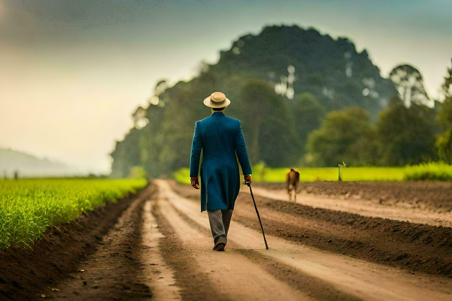 ein Mann im ein Blau passen Spaziergänge Nieder ein Schmutz Straße mit ein Hund. KI-generiert foto