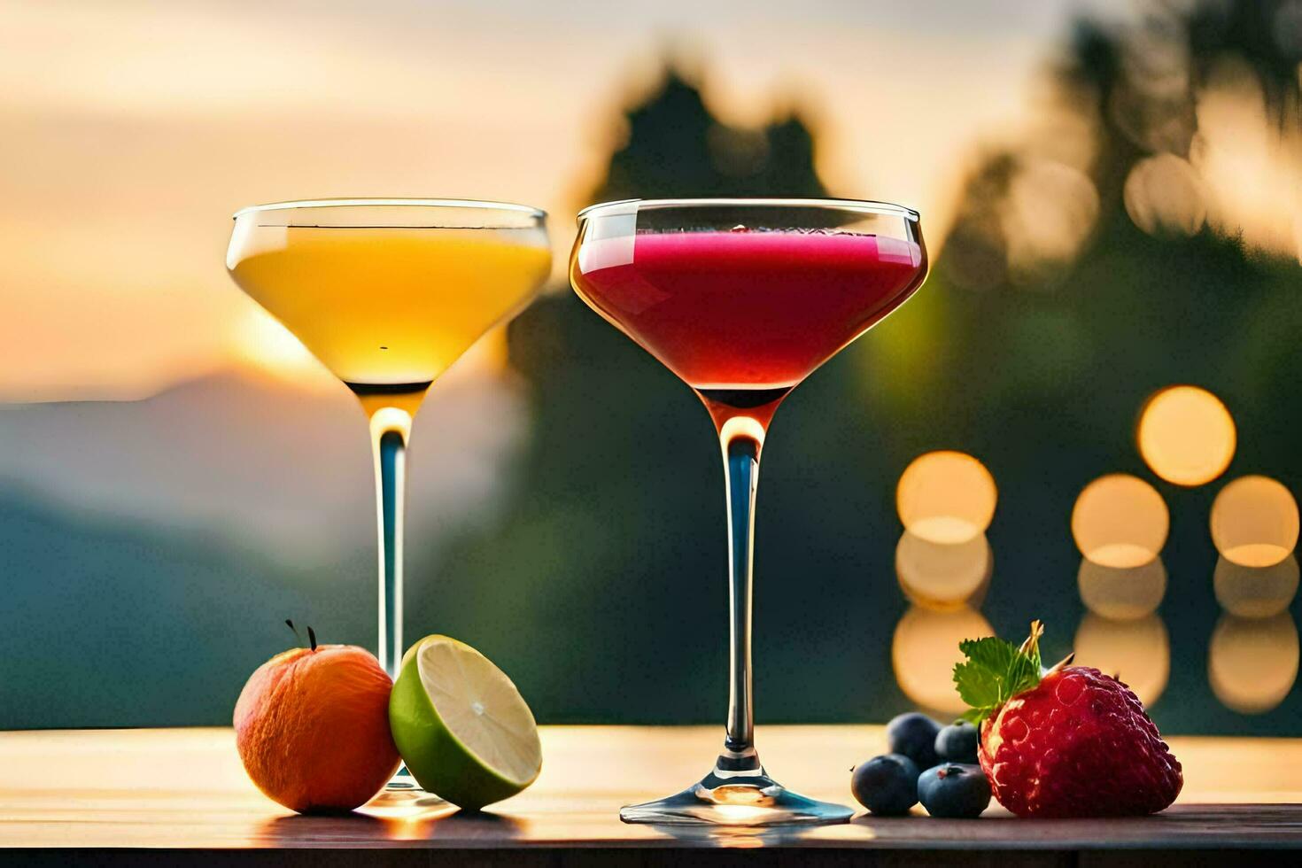 zwei Cocktails mit Obst und Beeren auf ein Tisch. KI-generiert foto