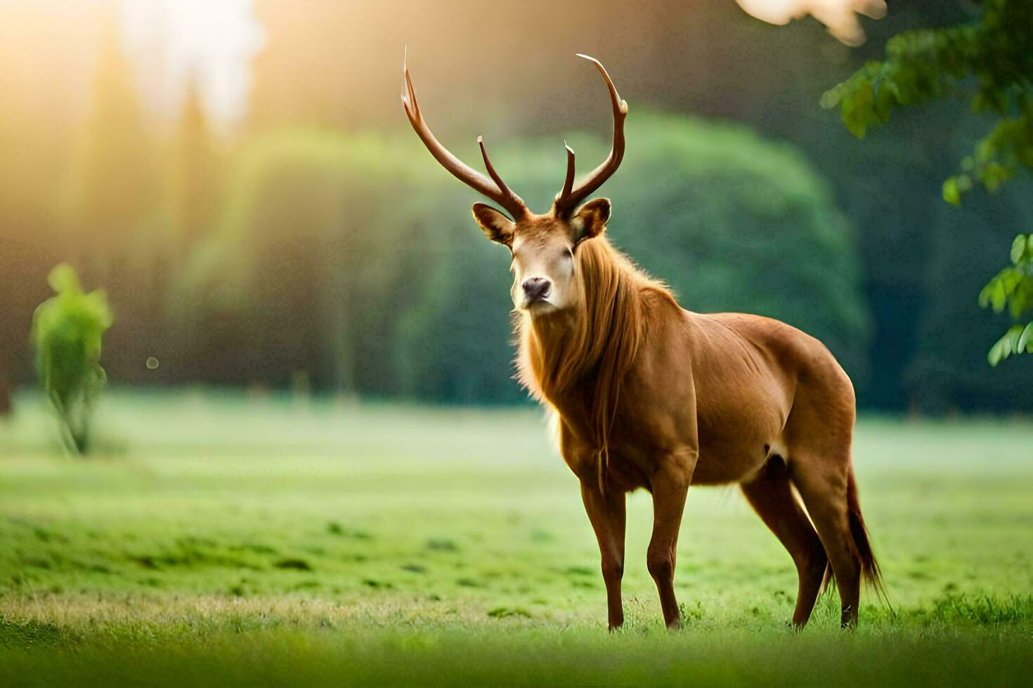 ein Hirsch mit groß Hörner Stehen im das Gras. KI-generiert foto