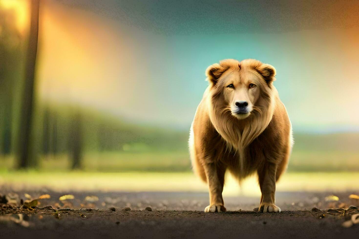 ein Löwe Stehen auf das Straße im Vorderseite von ein Sonnenuntergang. KI-generiert foto