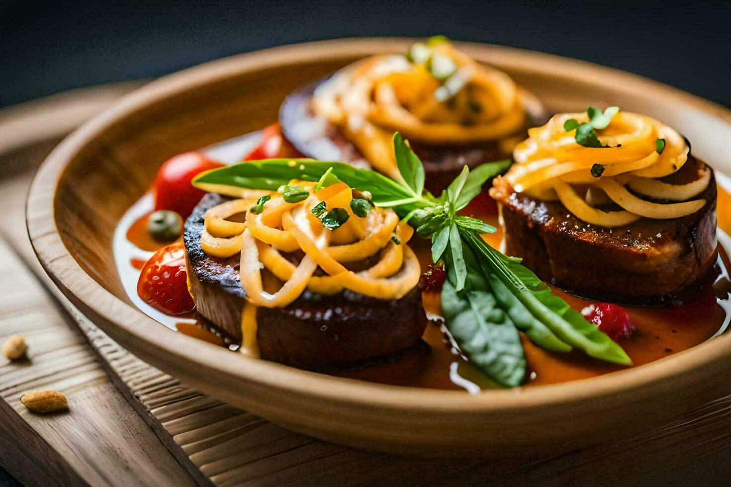 ein Teller von Essen mit Fleisch und Soße. KI-generiert foto