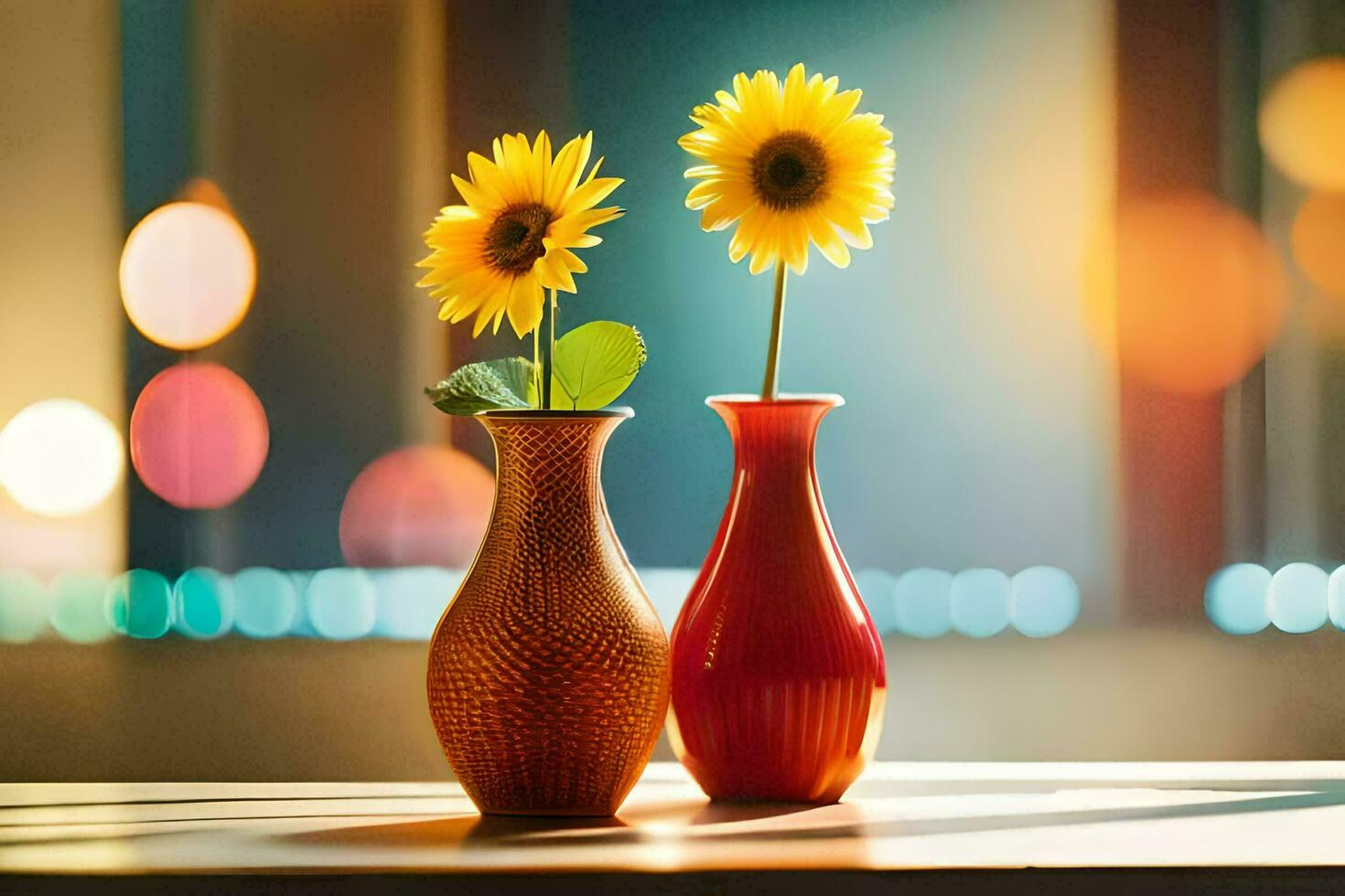 zwei Vasen mit Sonnenblumen auf ein Tisch. KI-generiert foto