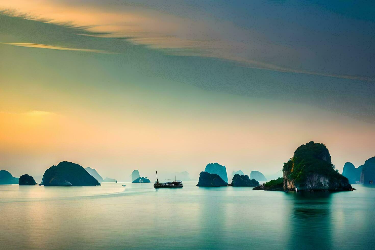 Halong Bucht, Vietnam, Sonnenuntergang, Boote, Sonnenuntergang, Vietnam, v. KI-generiert foto