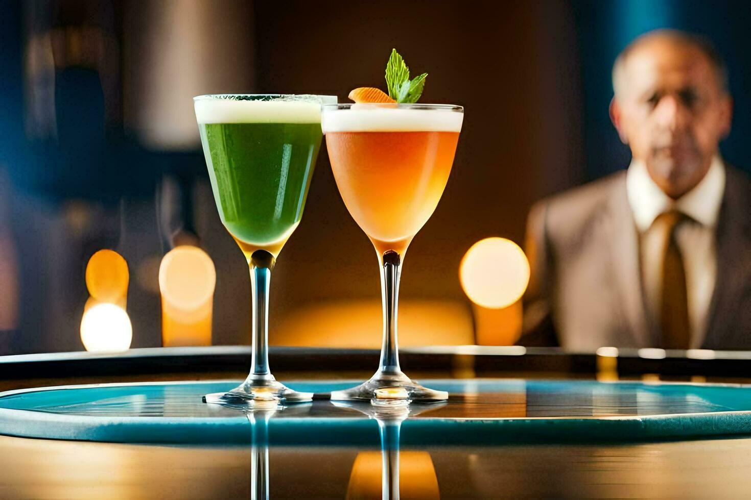 zwei Getränke auf ein Bar mit ein Mann hinter Es. KI-generiert foto