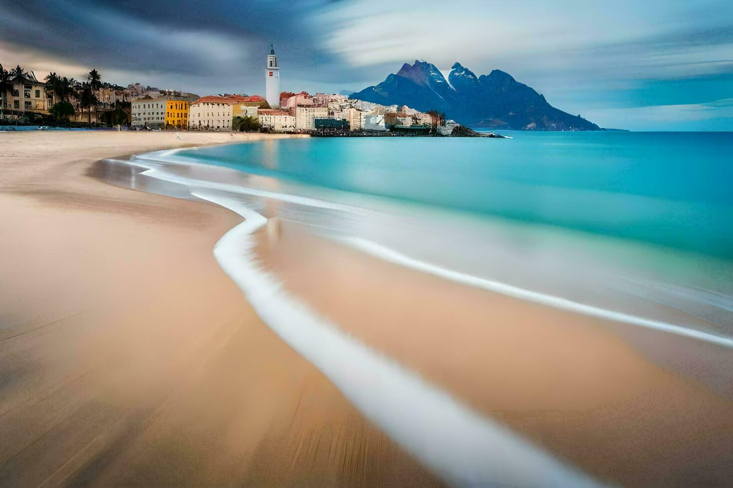 ein Strand mit Wellen und Berge im das Hintergrund. KI-generiert foto