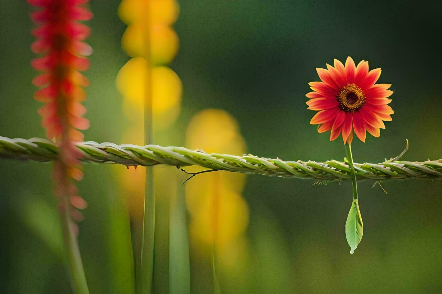 ein Single rot Blume ist Sitzung auf ein Ast. KI-generiert foto