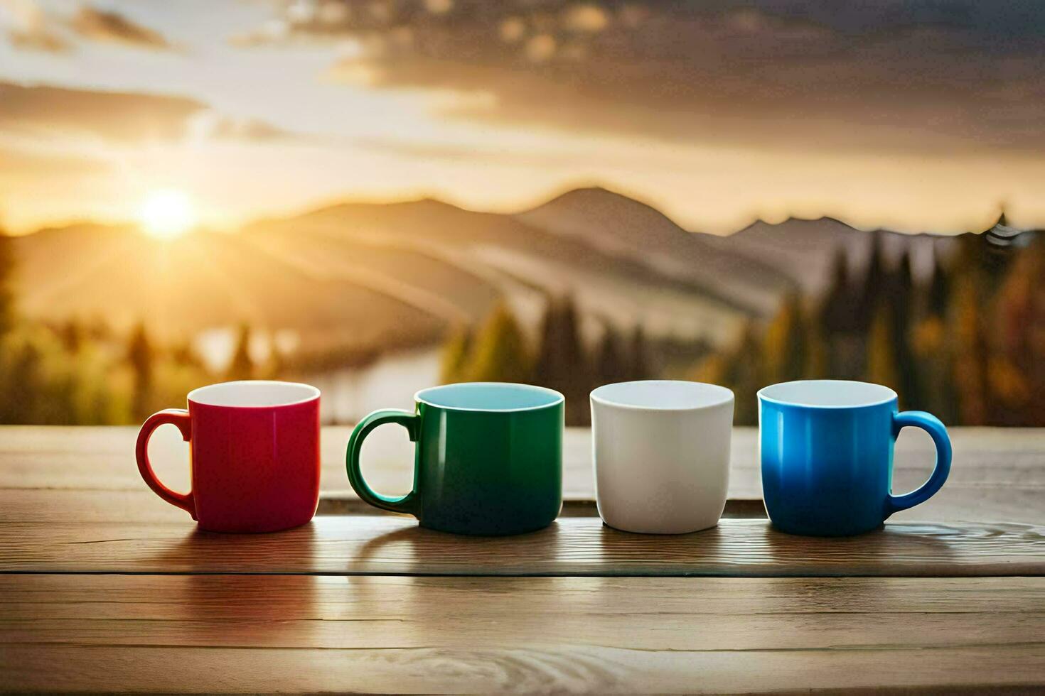 bunt Kaffee Tassen auf ein hölzern Tisch. KI-generiert foto