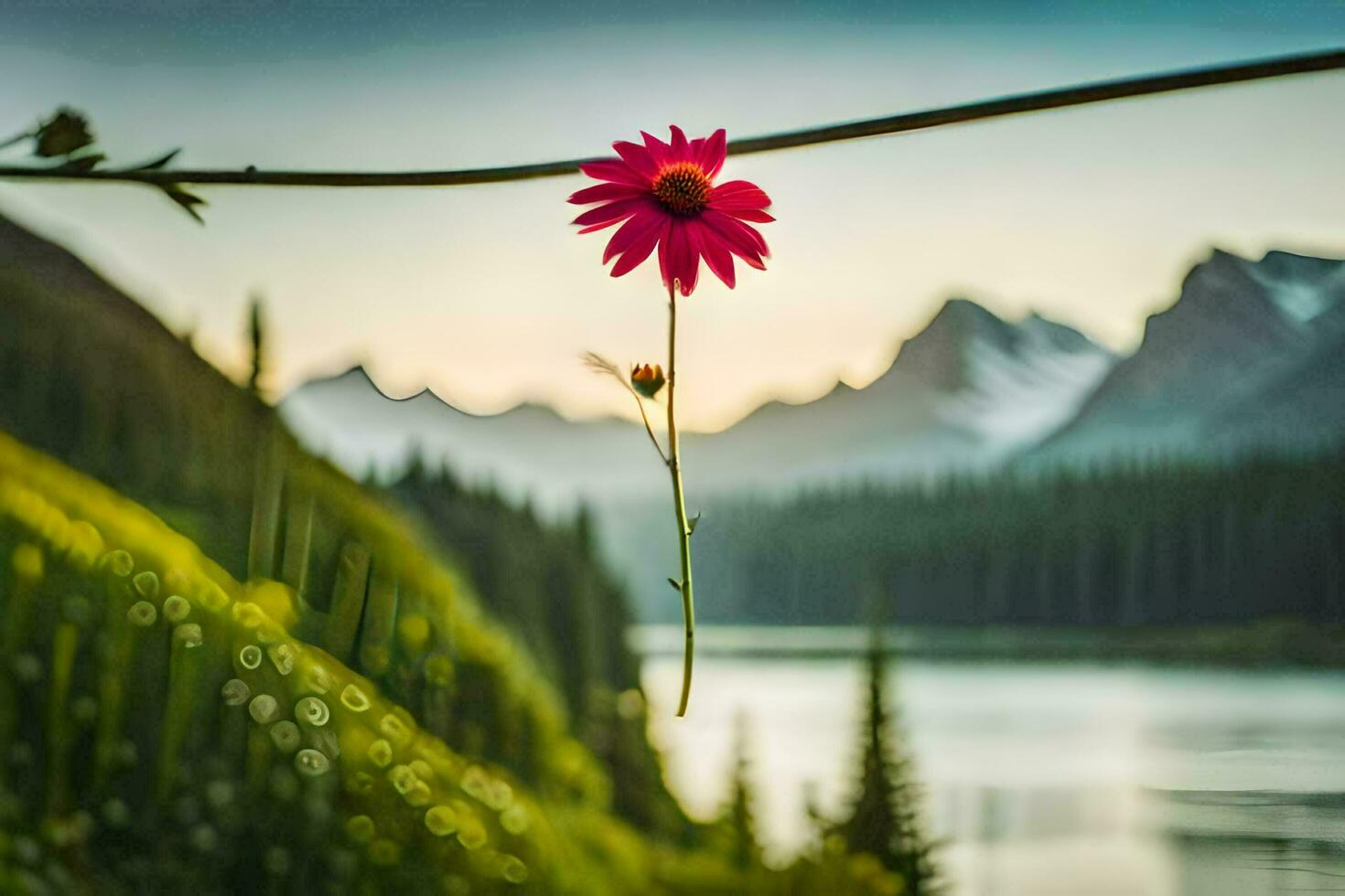 ein Blume hängend von ein Draht im Vorderseite von ein See. KI-generiert foto