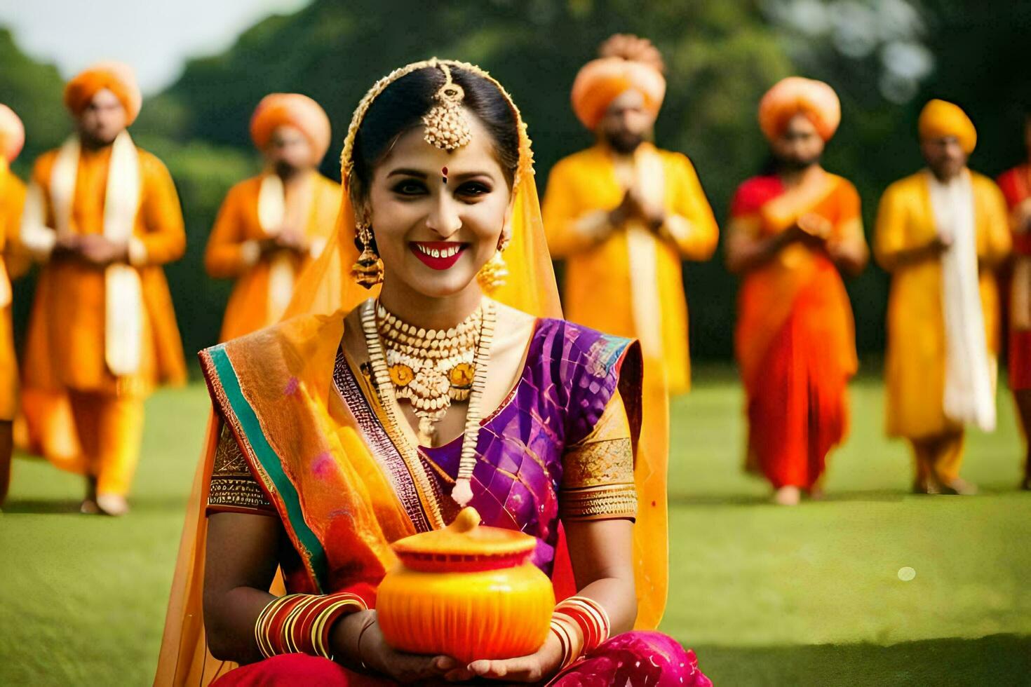 ein Frau im traditionell indisch Kleidung halten ein Topf. KI-generiert foto