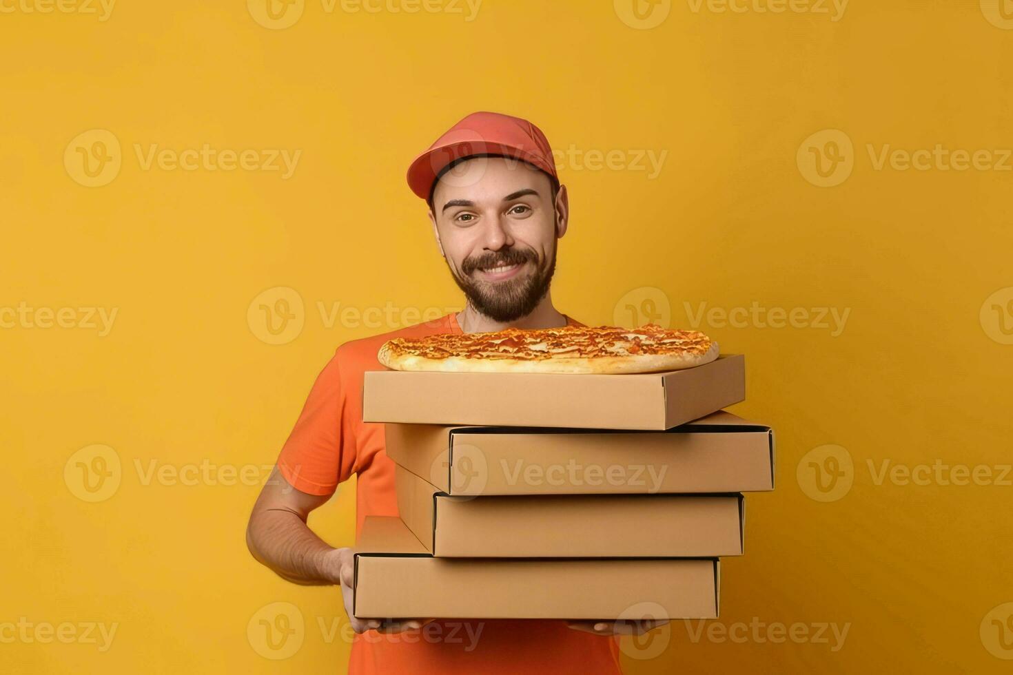 Mann Pizza Kisten Stapel im Hand. generieren ai foto
