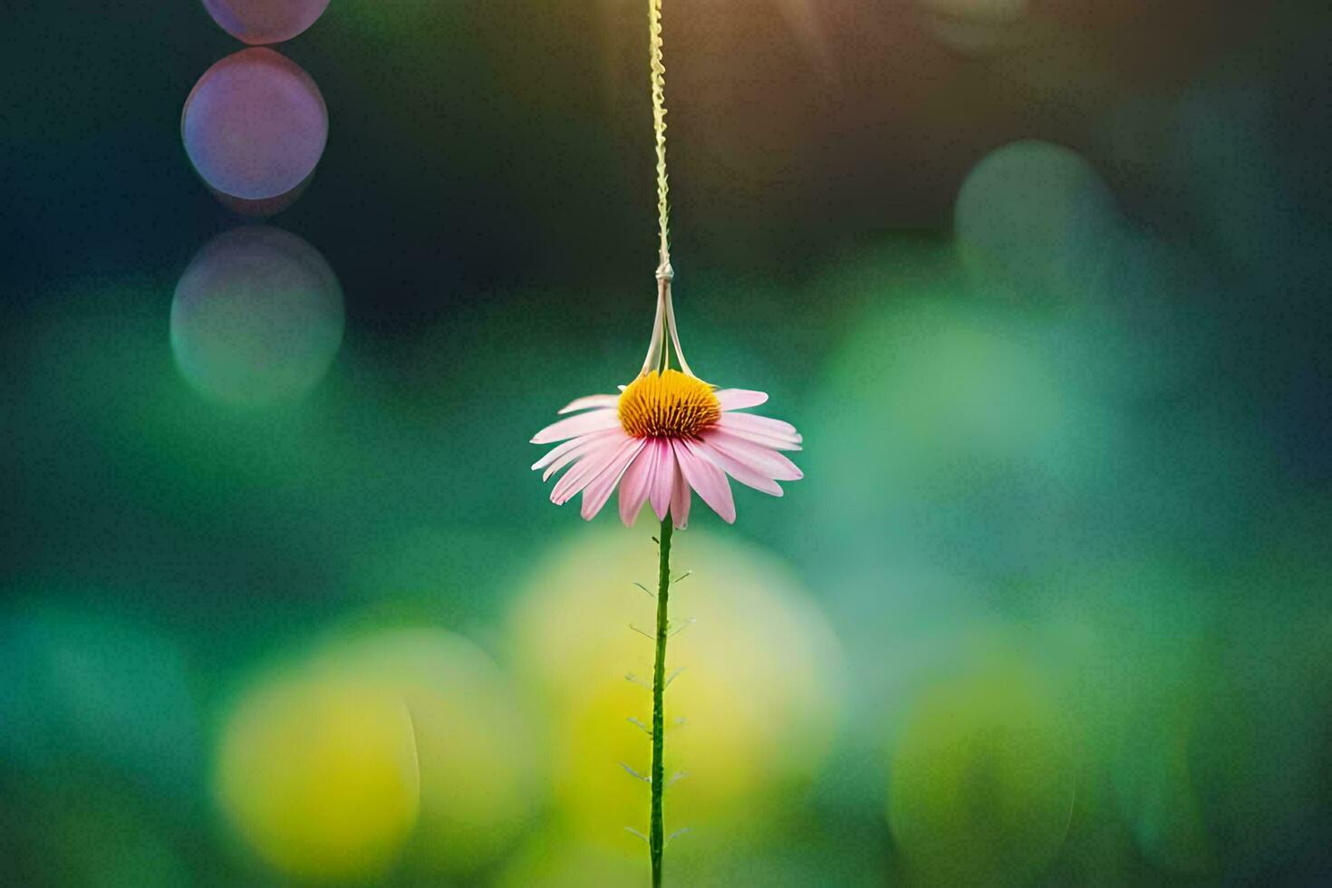 ein Single Rosa Blume hängend von ein Schnur. KI-generiert foto