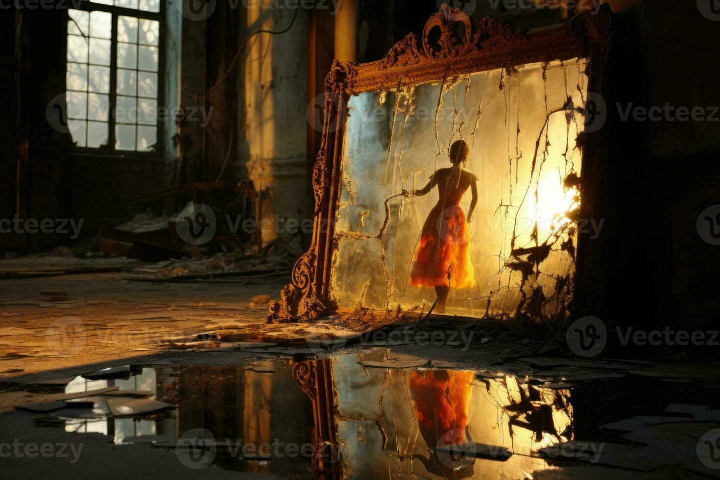 Phantom Silhouette gespiegelt im das Betrachtung von ein Antiquität geknackt Spiegel foto