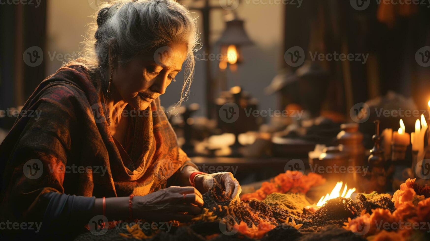 modern traditionell Erbe Handwerk, Nahansicht von Alten indisch Frau Stricken traditionell Stoff im Nachmittag Licht - - Umarmen Kunst und kulturell Erbe, ai generativ foto