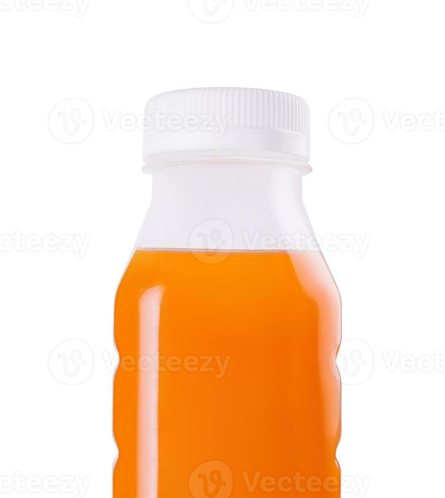 Plastik Flasche von organisch frisch Orange oder Karotte Saft foto