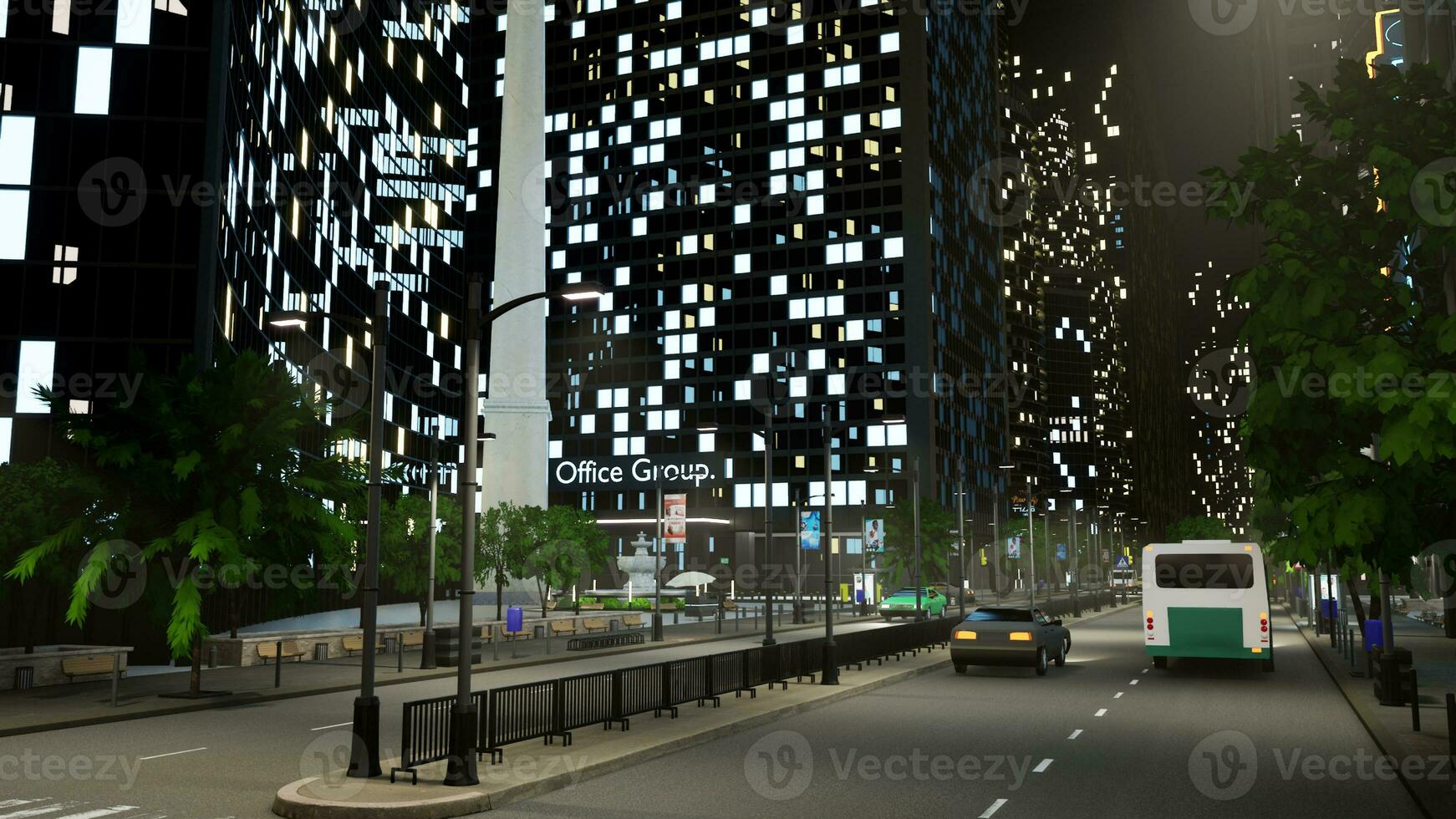 Fahrzeuge Fahren auf Stadt Center Straße Nächster zu Büro Gebäude im Geschäft Kreis Bereich, modern Wolkenkratzer und Autos. Büro Gebäude mit Beleuchtung blinkt beim Nacht. 3d machen Animation. foto