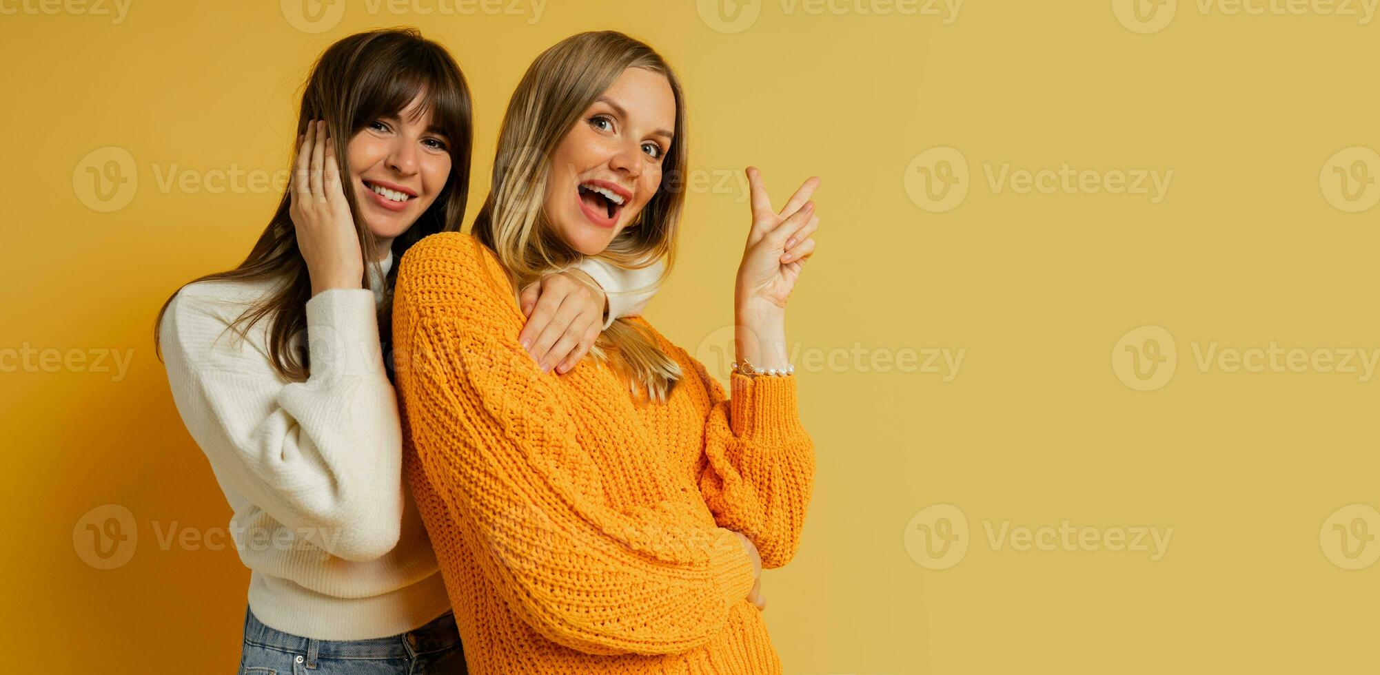 schließen oben Porträt von zwei ziemlich Frau im gemütlich Pullover posieren Über Gelb Hintergrund. Herbst und Winter Mode Tendenzen. foto