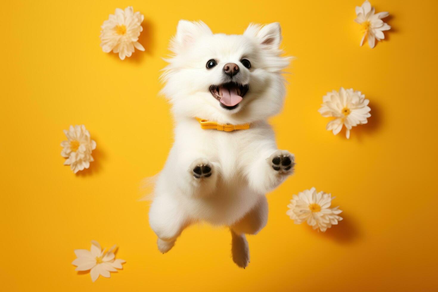 flauschige Weiß Hund Springen oben auf ein Gelb Hintergrund foto