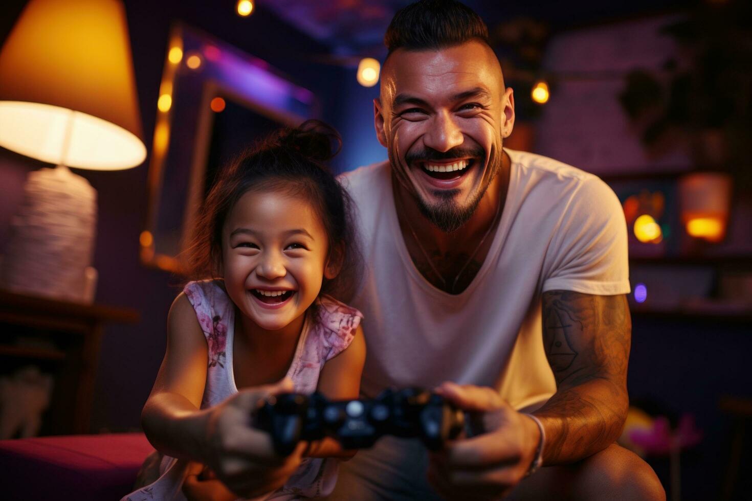 Vater und Tochter Bindung Über Video Spiele Bild foto