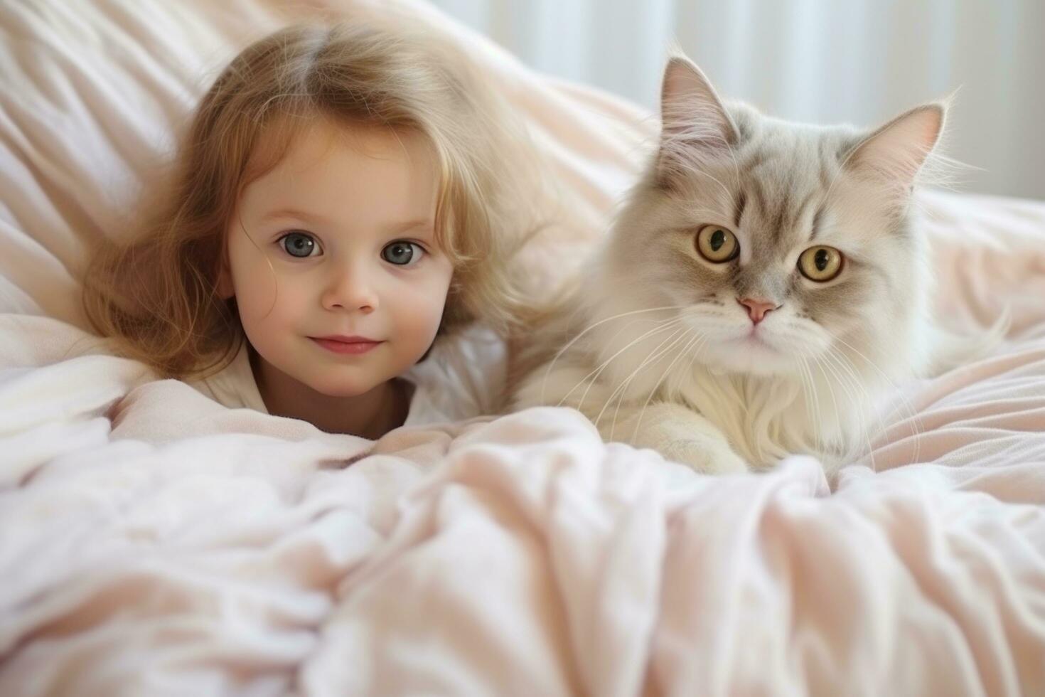 Baby und Kätzchen spielen mit Katze auf das Decke foto