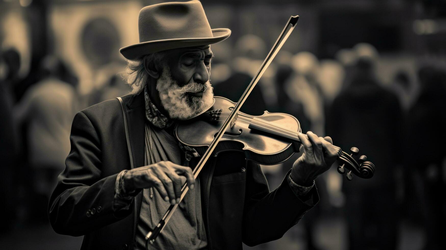 Musiker Theaterstücke das Violine auf das Straße unter ein Menge von Menschen foto