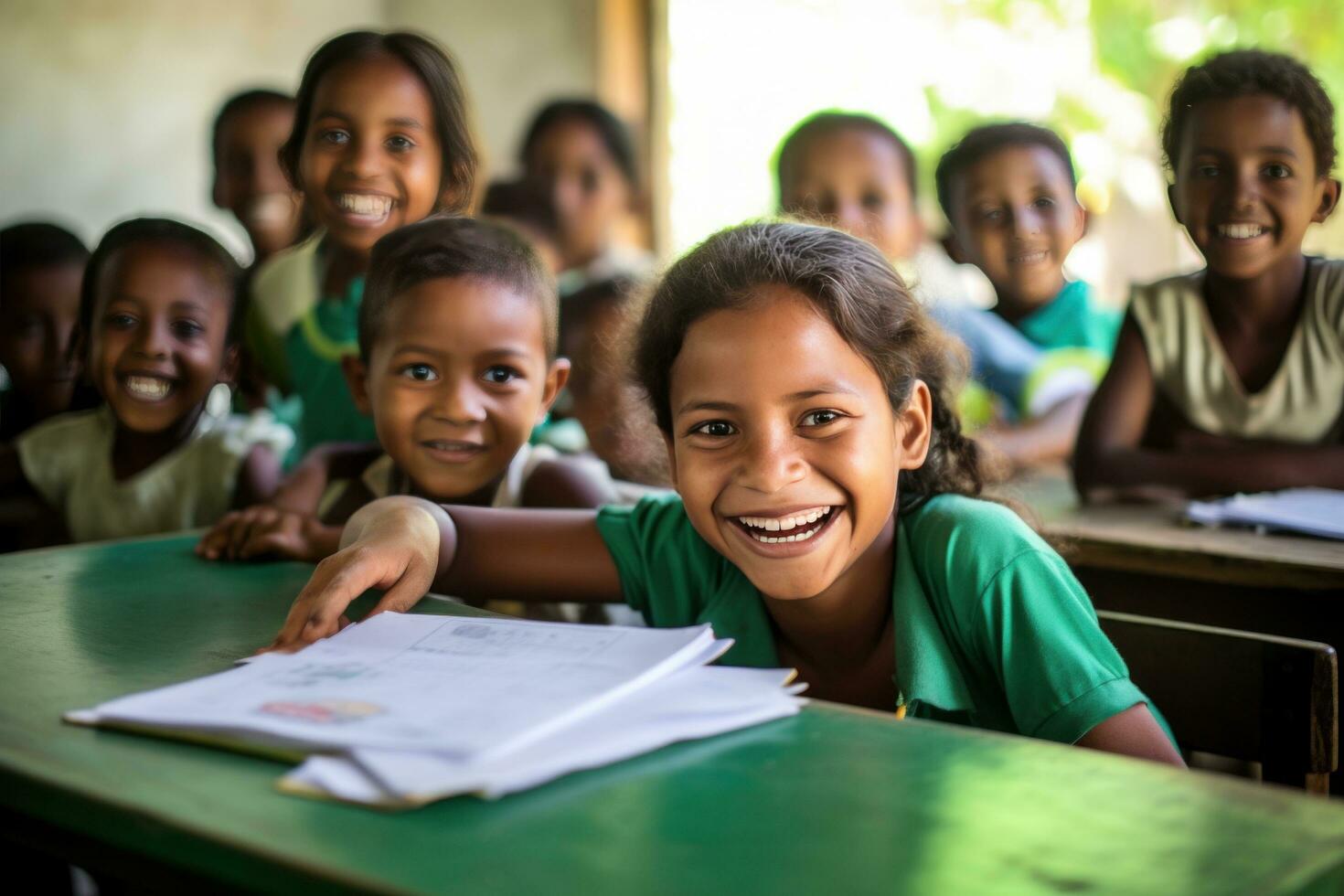 ein freudig Szene lächelnd Kinder und Lehrer im ein Klassenzimmer foto