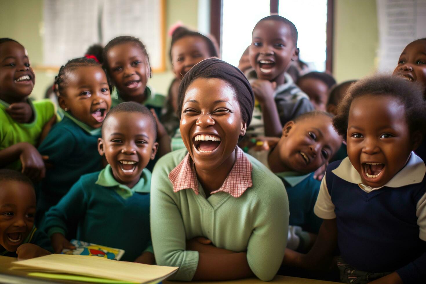 ein freudig Szene lächelnd Kinder und Lehrer im ein Klassenzimmer foto