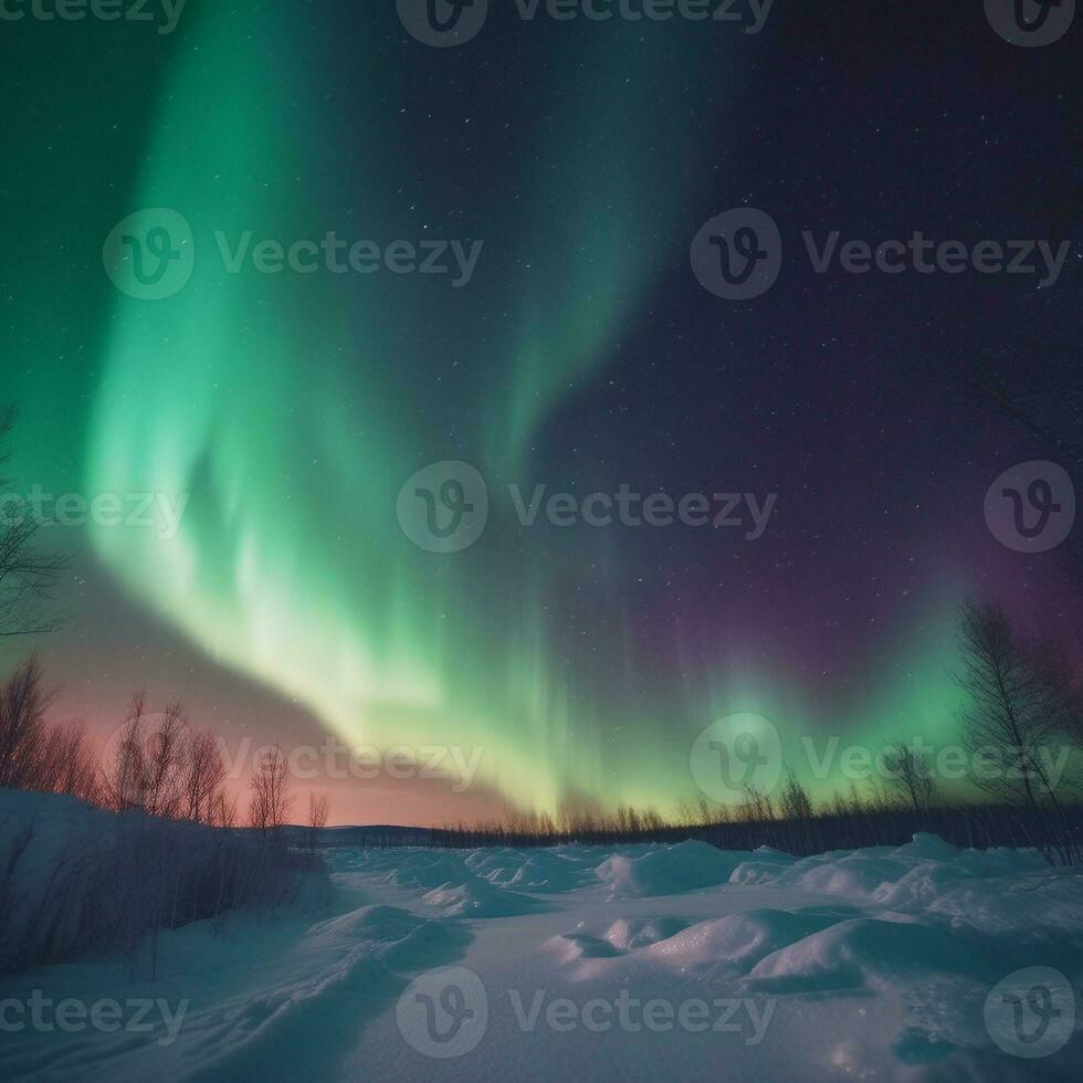 natürlich Bedingungen mit Kiefer Wälder. das Meer im Eis, Schnee und Schneestürme. Arktis Winter schneebedeckt Landschaft. Nord Beleuchtung Aurora Borealis blitzt im dramatisch Nacht Himmel KI-generiert foto