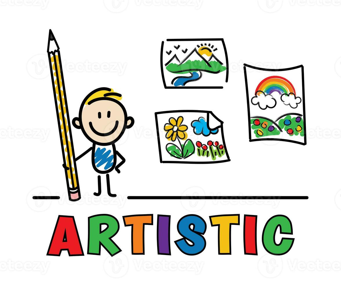 Stock Zahl Junge mit Bleistift Herstellung Kunst, Gekritzel Zeichnungen, künstlerisch, Botschaft zum Kinder, Karikatur Zeichnung, Gekritzel Kunst, Riese Bleistift foto