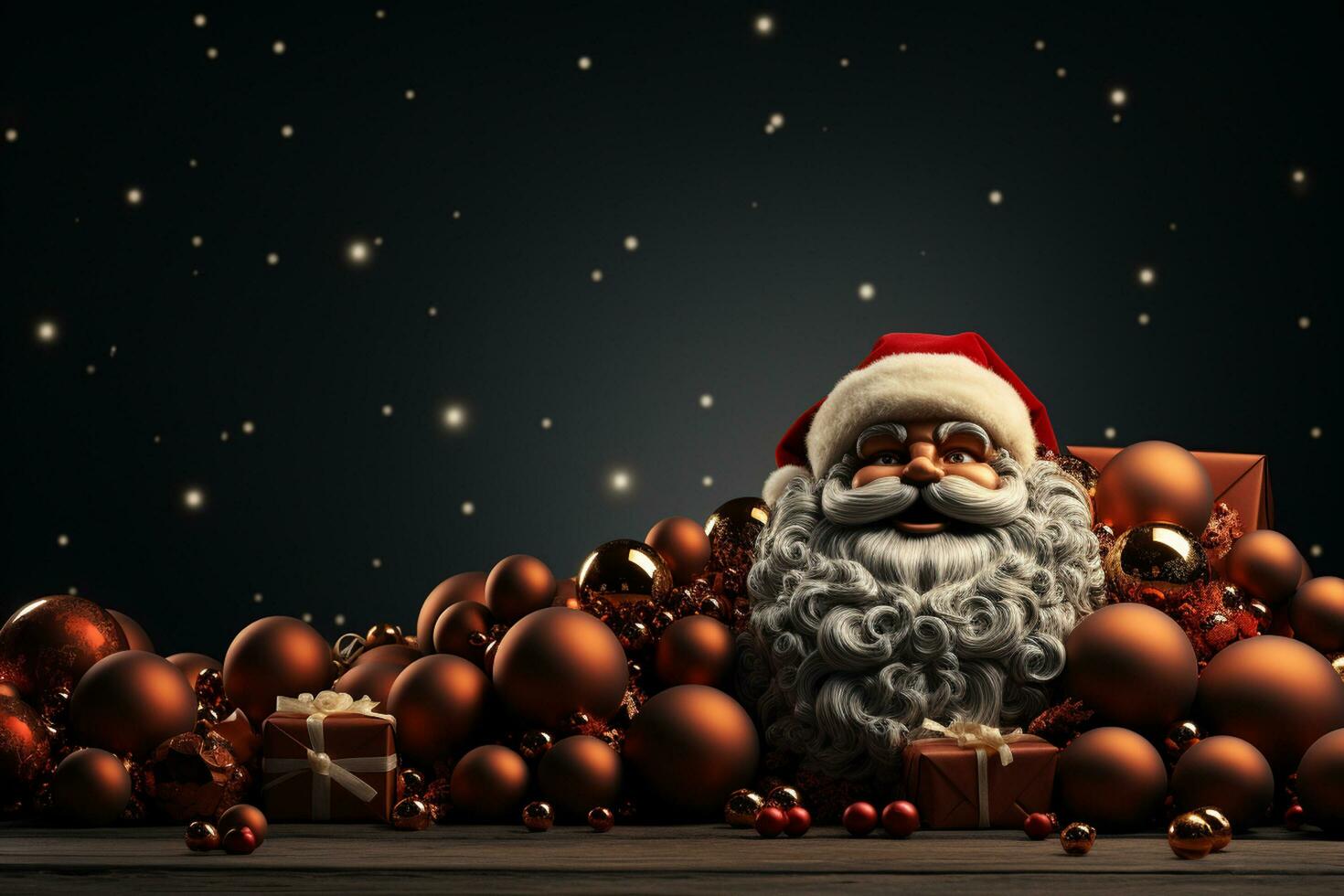 ai generativ Weihnachten Banner mit Kopieren Raum zum Text, Santa claus feiern mit Geschenkbox, Tanne Baum Geäst und rot Ornamente, dunkel Farbe Hintergrund foto