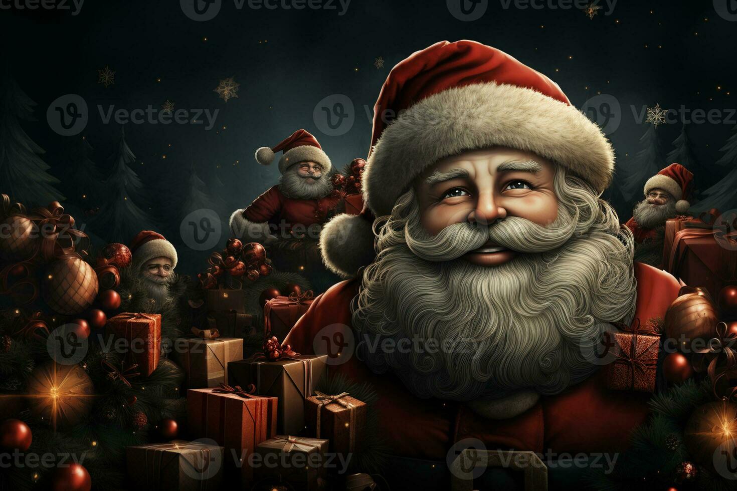 ai generativ Weihnachten Banner mit Kopieren Raum zum Text, Santa claus feiern mit Geschenkbox, Tanne Baum Geäst und rot Ornamente, dunkel Farbe Hintergrund foto