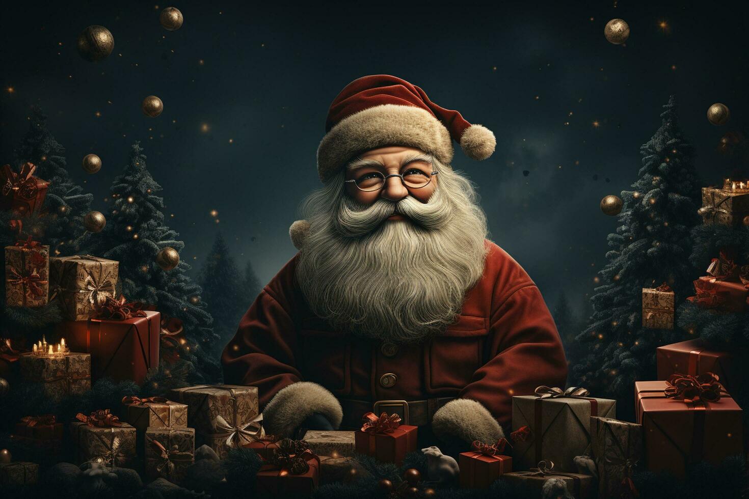 ai generativ Weihnachten Banner mit Kopieren Raum zum Text, Santa claus feiern mit Geschenkbox, Tanne Baum Geäst und rot Ornamente, dunkel Farbe Hintergrund foto