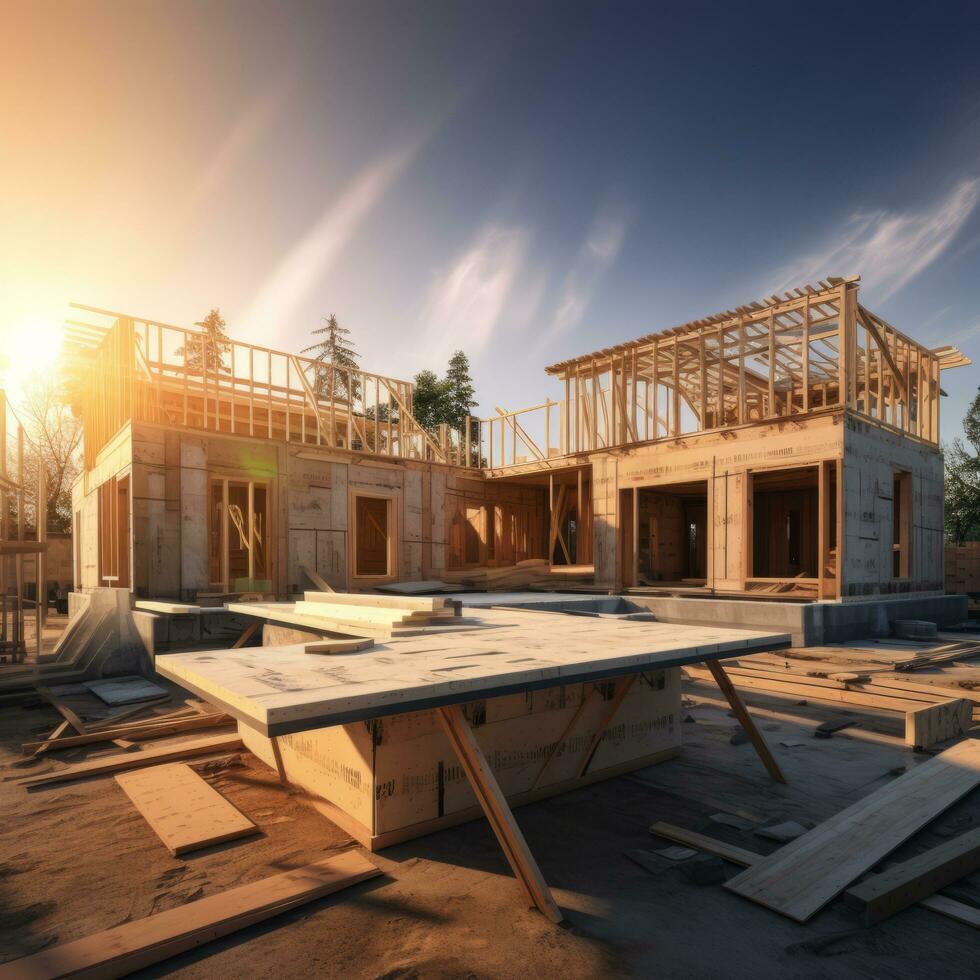 Konzept von ein Gebäude Haus. Bretter, Strukturen im Natur. Blau Himmel. hölzern Haus Konstruktion. Öko Haus. - - ai generiert foto