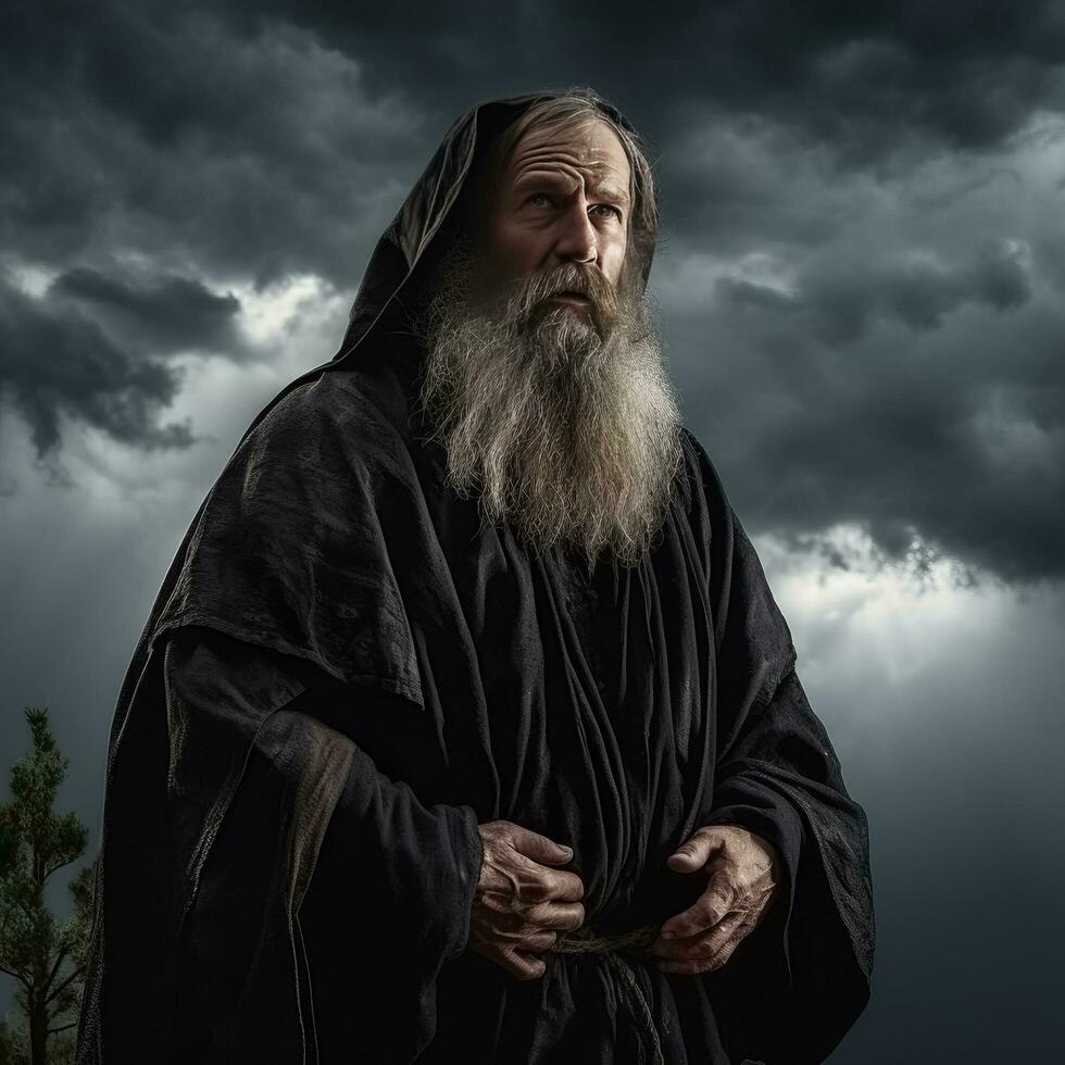 Alten Priester unter stürmisch Himmel - - ai generiert foto