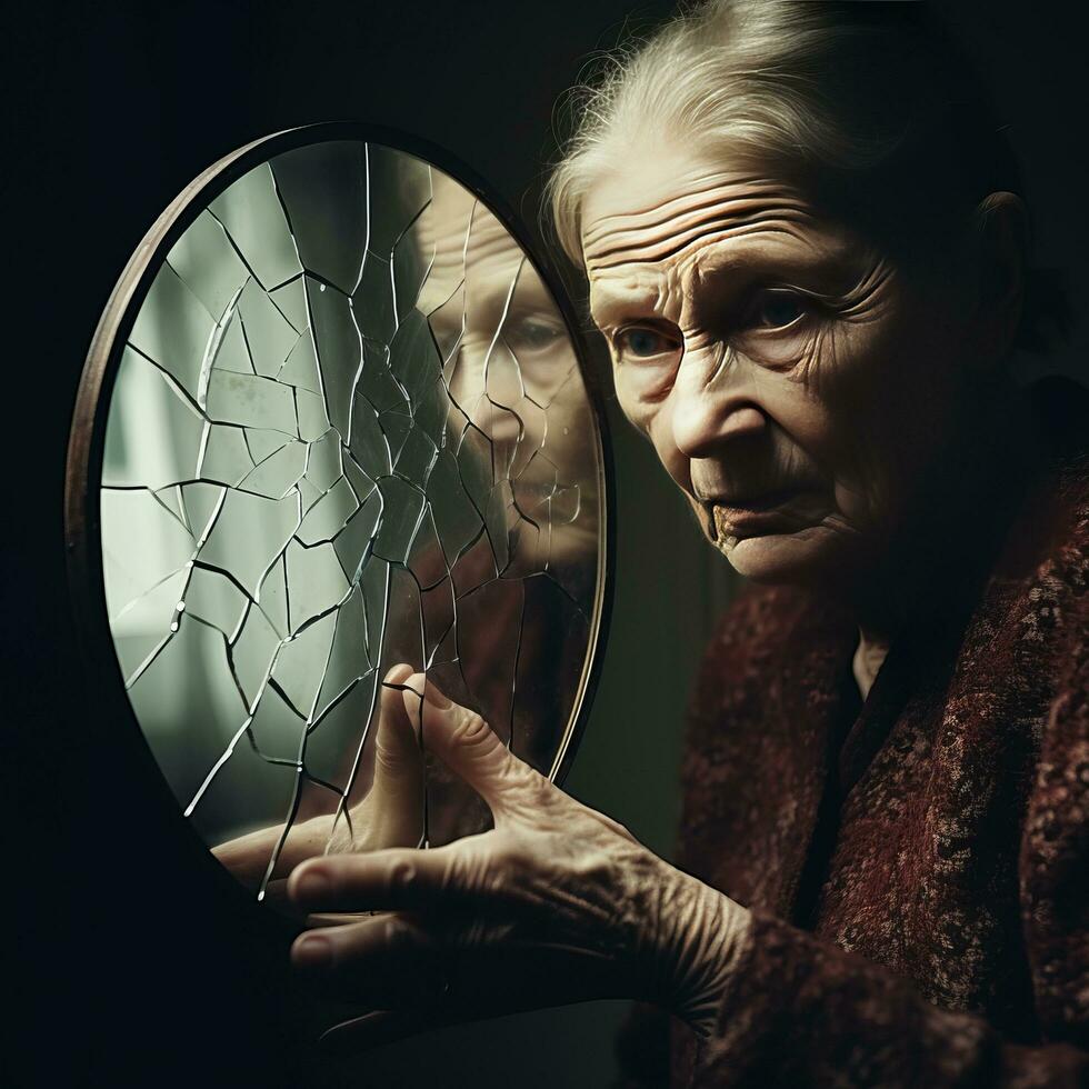 Alten Frau gebrochen Spiegel - - ai generiert foto
