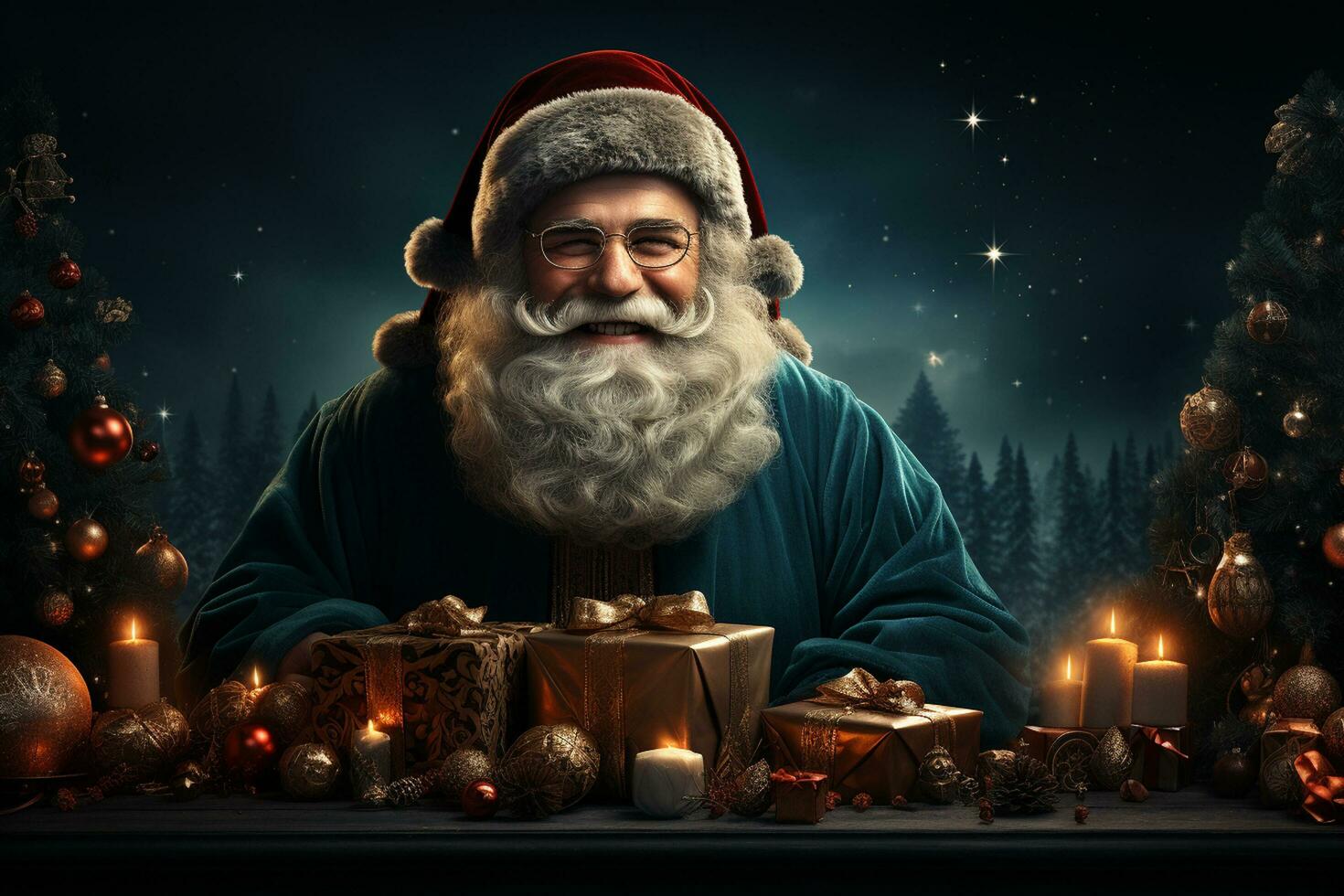 ai generativ Weihnachten Banner mit Kopieren Raum zum Text, Santa claus feiern mit Geschenkbox, Tanne Baum Geäst und rot Ornamente, dunkel Farbe Hintergrund foto