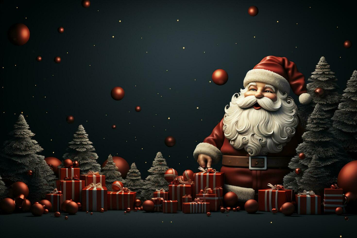 ai generativ Weihnachten Banner mit Kopieren Raum zum Text, Santa claus feiern mit Geschenkbox, Tanne Baum Geäst und rot Ornamente, dunkel Farbe Hintergrund foto