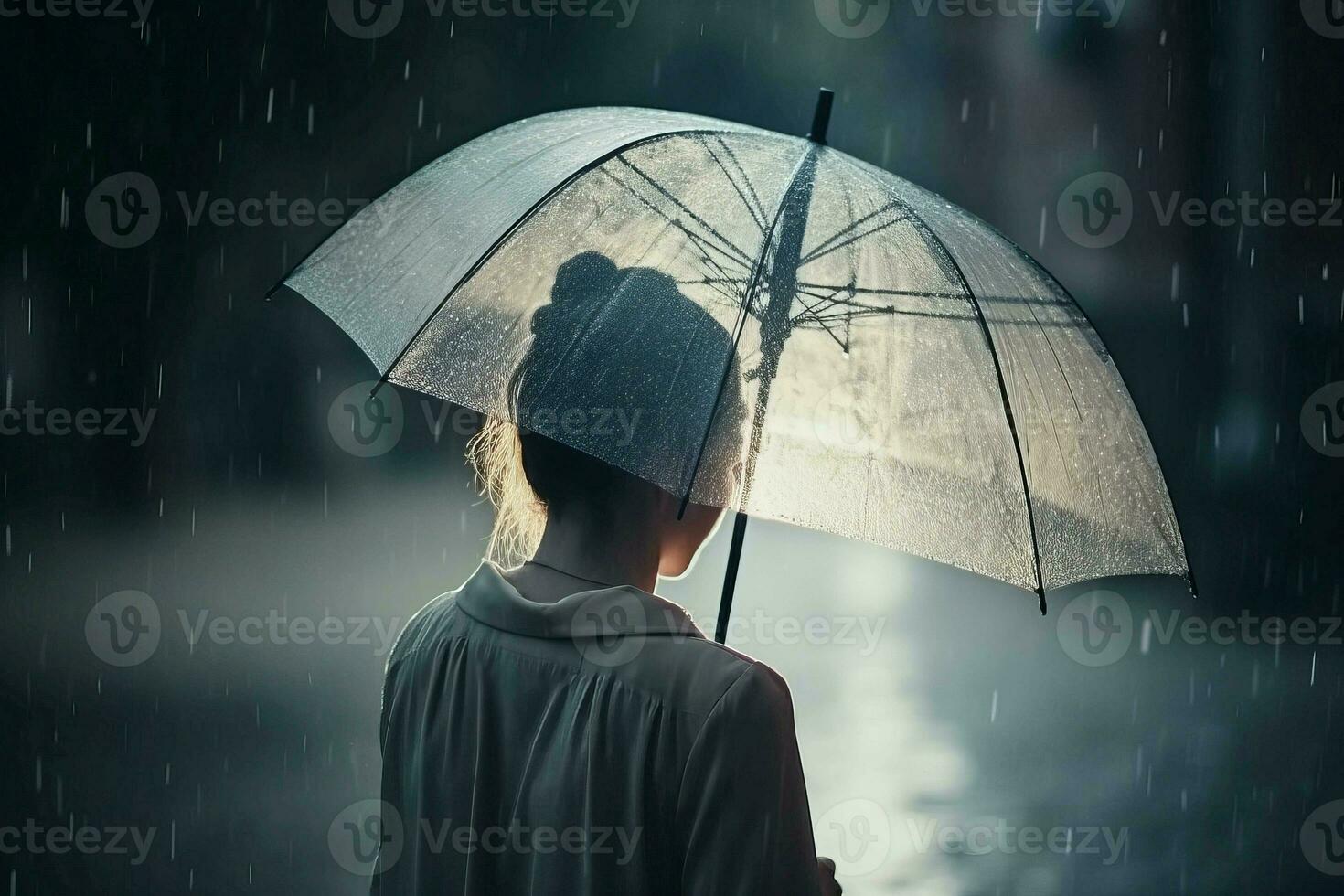 Gehen Dame mit Regenschirm im regnerisch romantisch Wetter. generieren ai foto