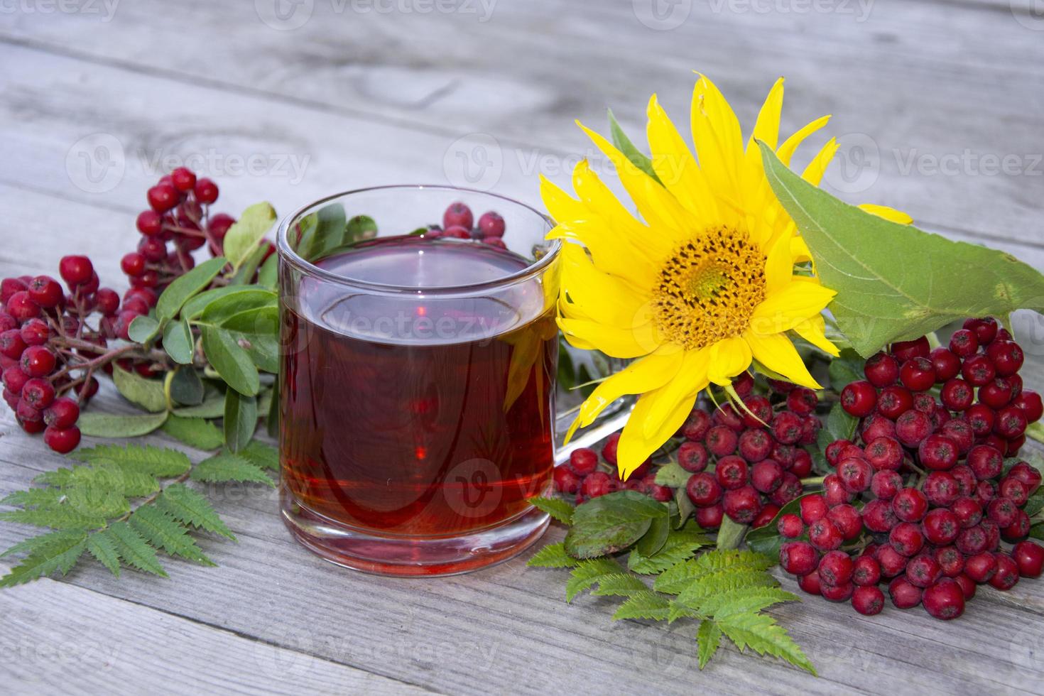 Tasse mit Tee unter Vogelbeeren und Sonnenblumen auf einem hölzernen Hintergrund. Herbst foto