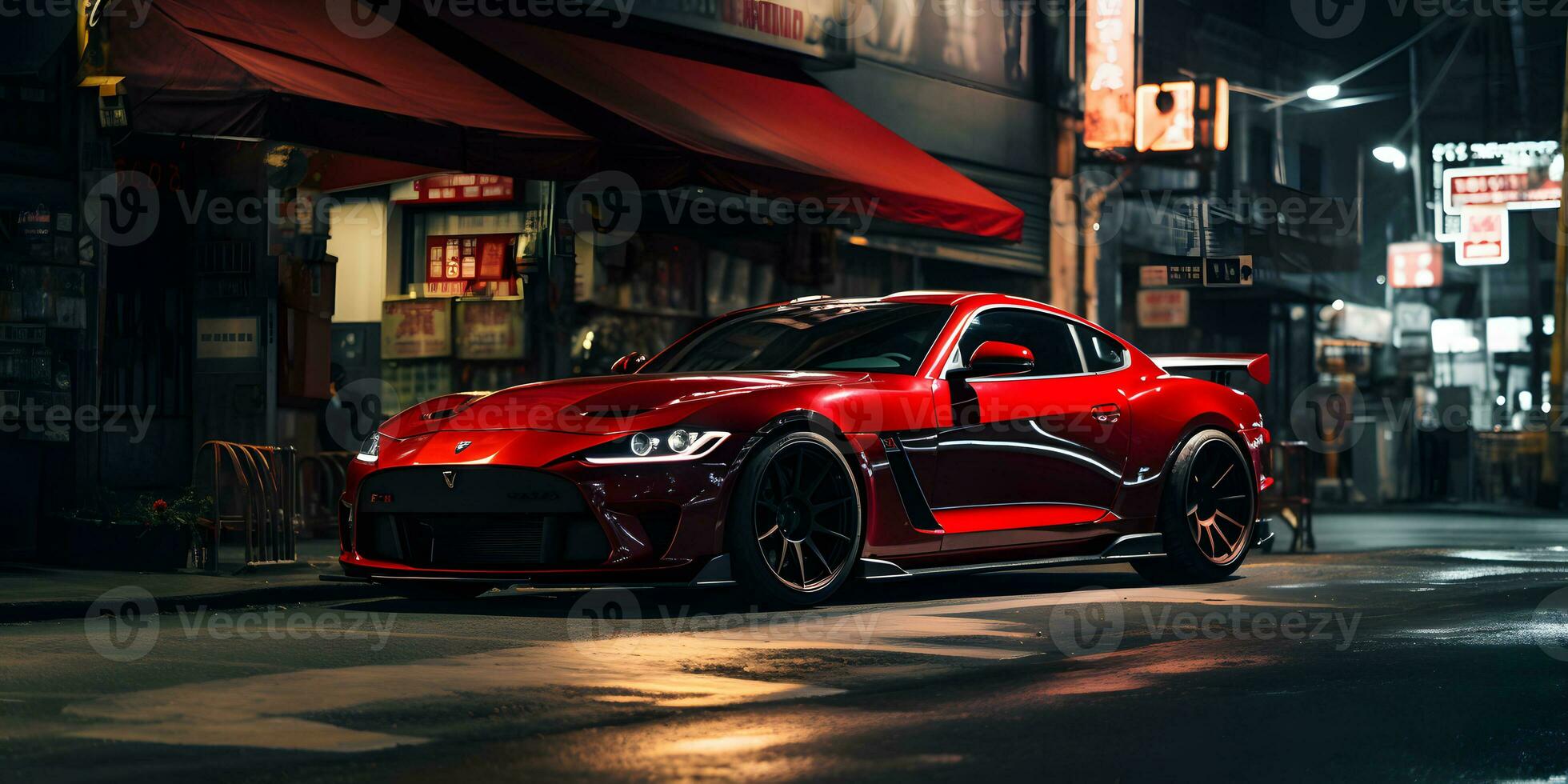 rot Super Auto geparkt auf das Straße beim Nacht ai generiert foto