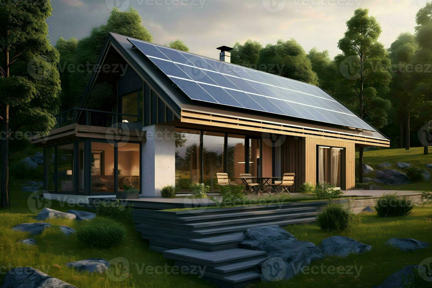 ein Haus mit ein Solar- Panel auf das Dach. ai generiert foto